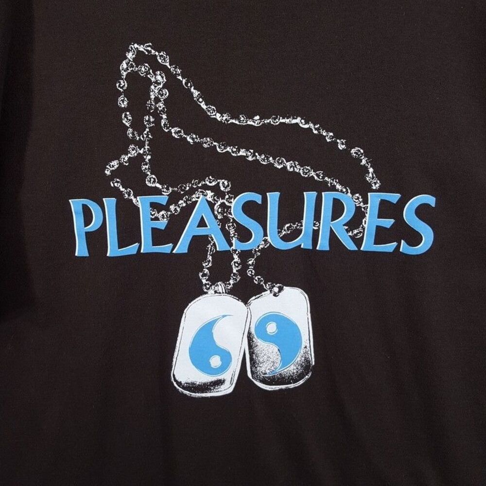 PLEASURES Shirt Mens XL Brown Pullover Crew Graphic Dog Tag Ying Yang T-Shirt - Picture 2 of 5